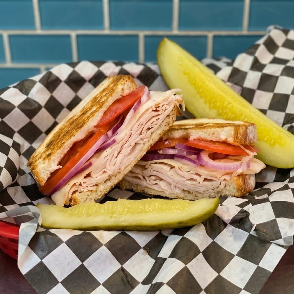 Toasted turkey sandwich with tomato and red onion, served with two pickle spears on checkered paper.