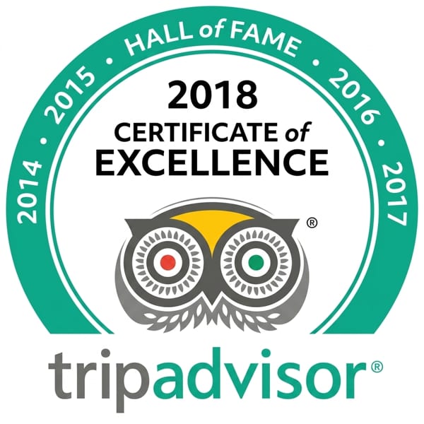TripAdvisor 2018 Certificate of Excellence Hall of Fame badge with years 2014-2017.